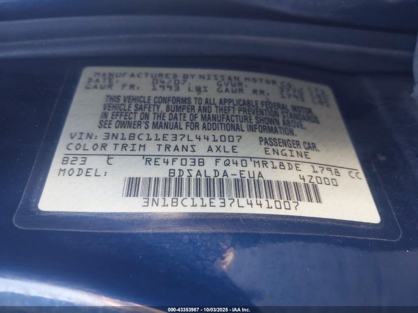 2007 Nissan Versa 1.8S VIN: 3N1BC11E37L441007 Lot: 43353987