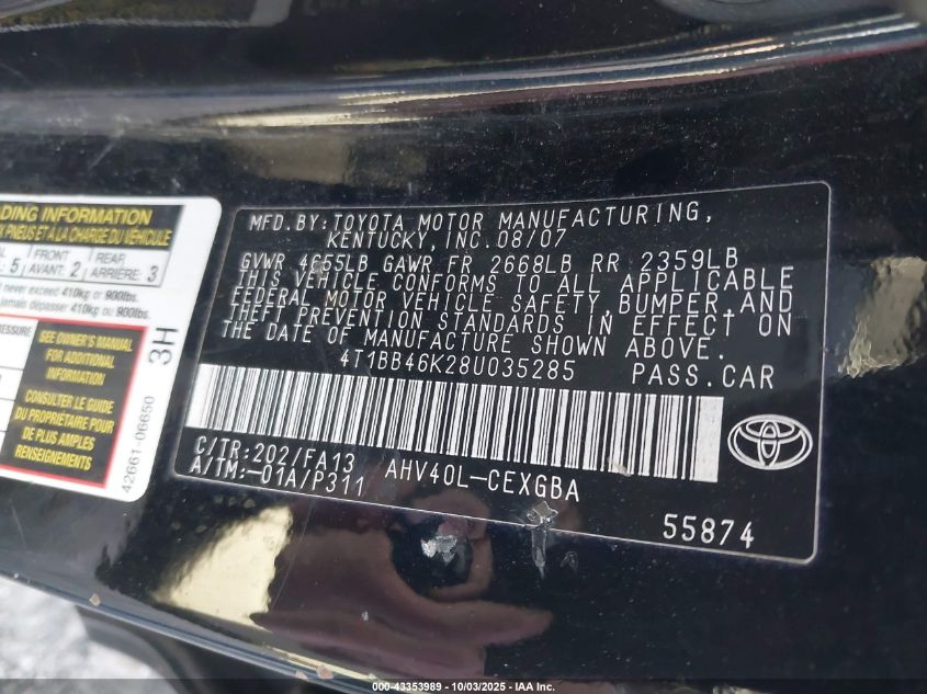 2008 Toyota Camry Hybrid VIN: 4T1BB46K28U035285 Lot: 43353989