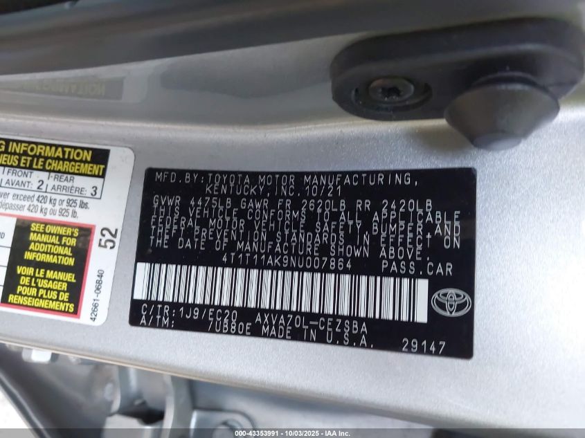 2022 Toyota Camry Se Nightshade Edition VIN: 4T1T11AK9NU007864 Lot: 43353991