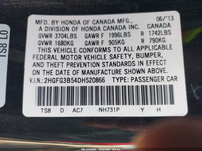 2013 Honda Civic Lx VIN: 2HGFG3B54DH520866 Lot: 43353994