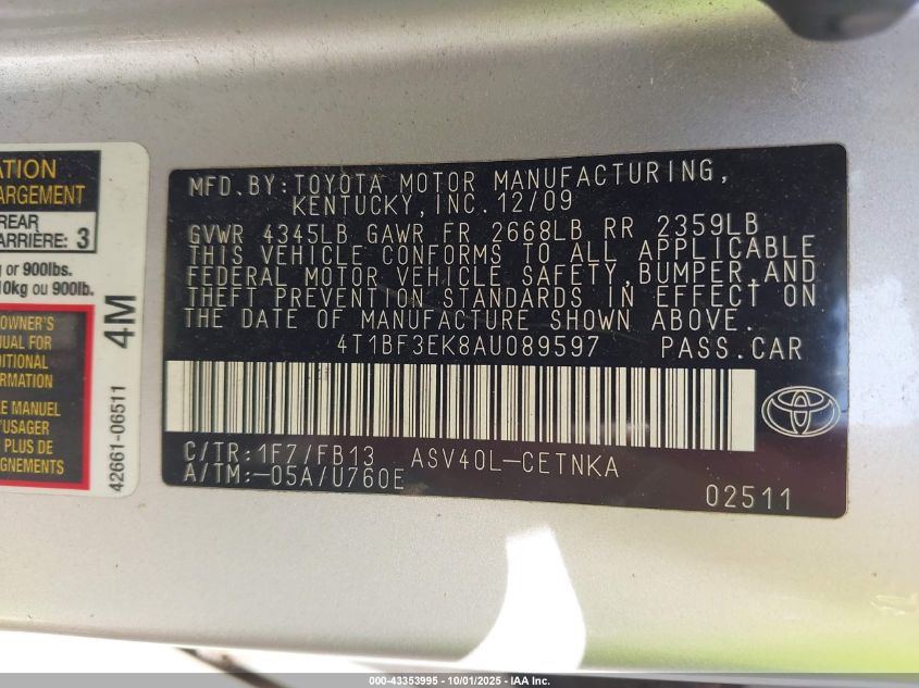 2010 Toyota Camry Le VIN: 4T1BF3EK8AU089597 Lot: 43353995