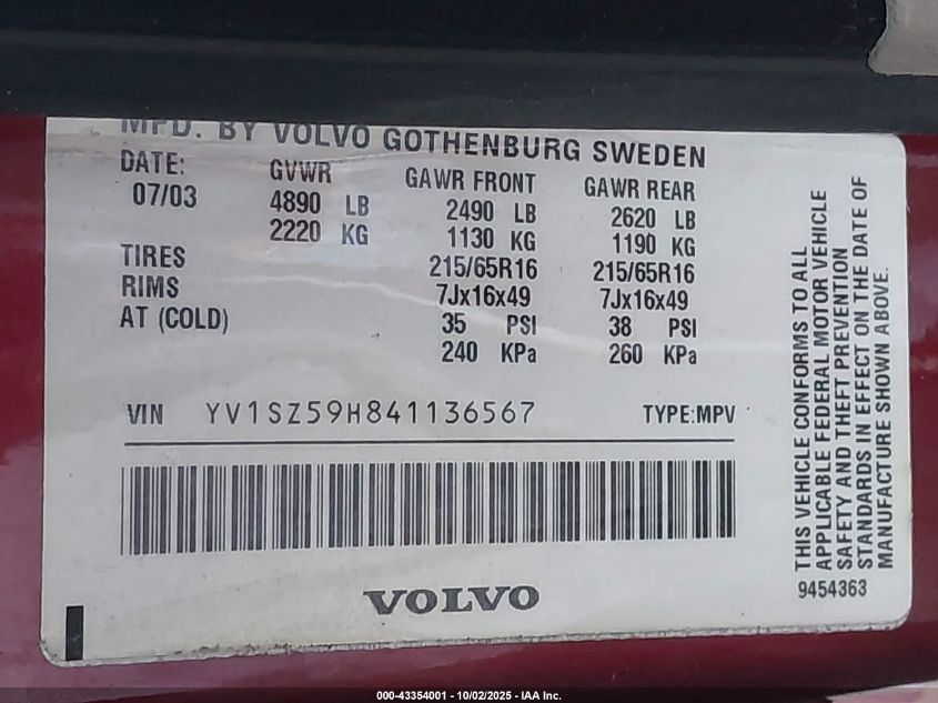 2004 Volvo Xc70 2.5T VIN: YV1SZ59H841136567 Lot: 43354001