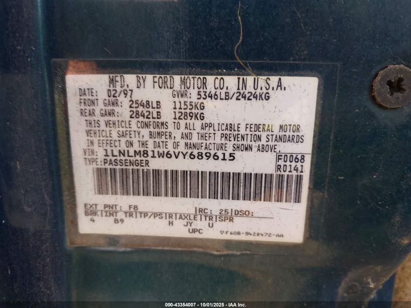 1997 Lincoln Town Car Executive VIN: 1LNLM81W6VY689615 Lot: 43354007