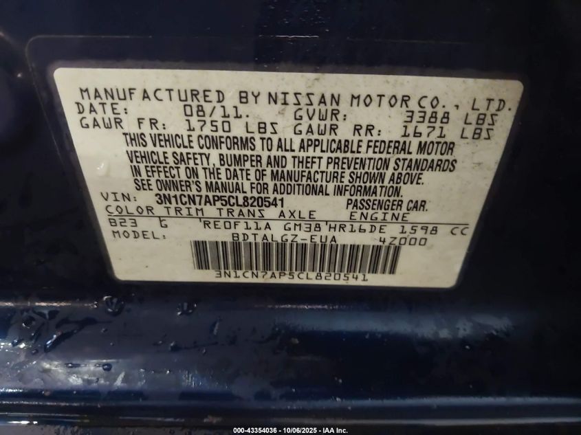 2012 Nissan Versa 1.6 Sl VIN: 3N1CN7AP5CL820541 Lot: 43354036