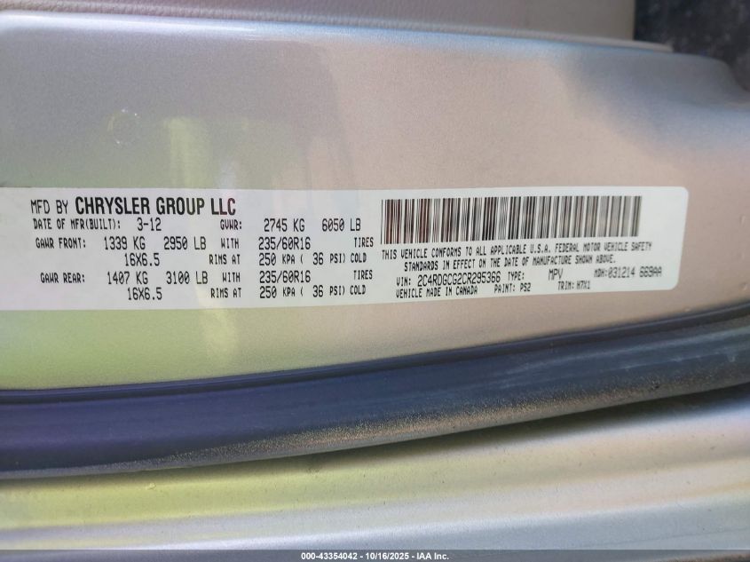 2012 Dodge Grand Caravan Sxt VIN: 2C4RDGCG2CR295366 Lot: 43354042