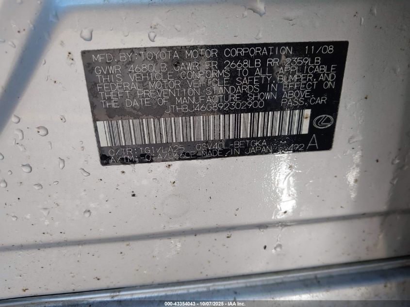 2009 Lexus Es 350 VIN: JTHBJ46G892302900 Lot: 43354043