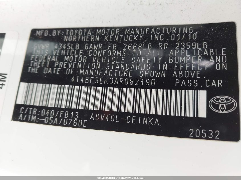 2010 Toyota Camry Le VIN: 4T4BF3EK3AR082496 Lot: 43354048