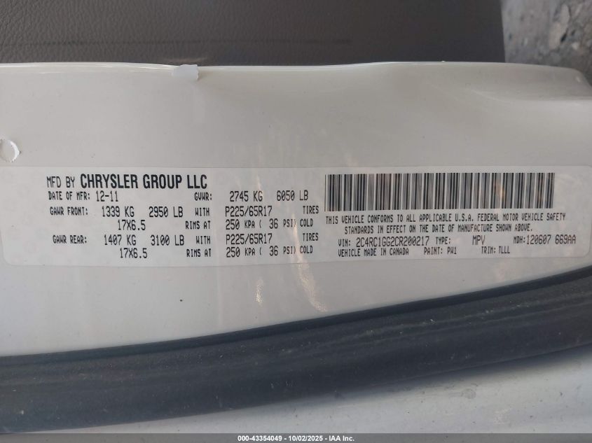 2012 Chrysler Town & Country Limited VIN: 2C4RC1GG2CR200217 Lot: 43354049