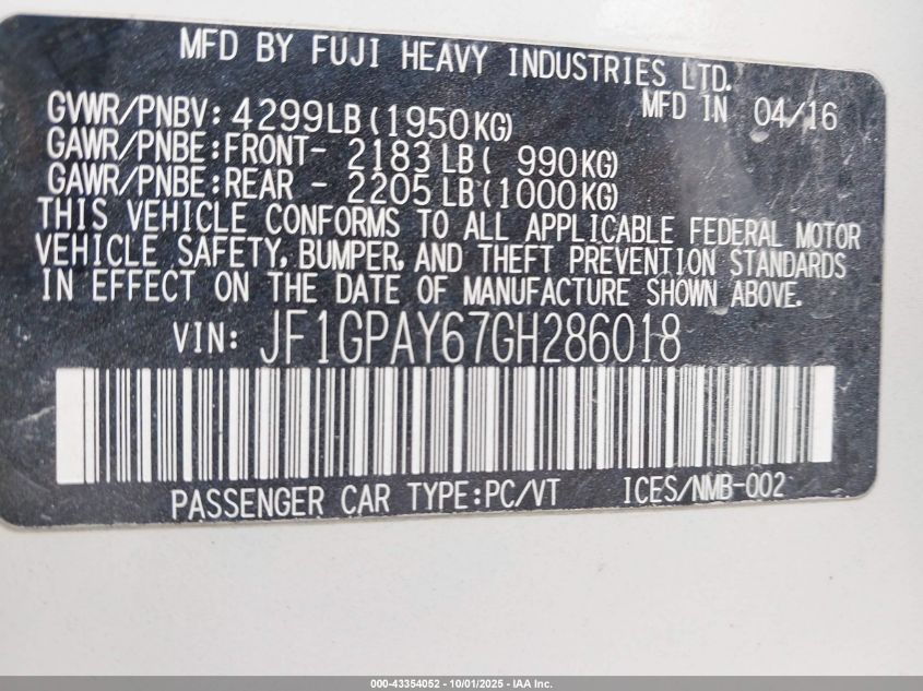 2016 SUBARU IMPREZA 2.0I SPORT LIMITED - JF1GPAY67GH286018