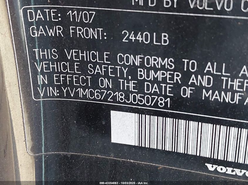 2008 Volvo C70 T5 VIN: YV1MC67218J050781 Lot: 43354063