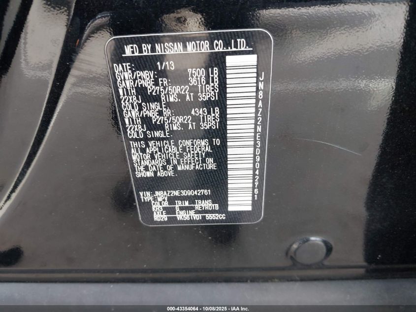 2013 Infiniti Qx56 VIN: JN8AZ2NE3D9042761 Lot: 43354064