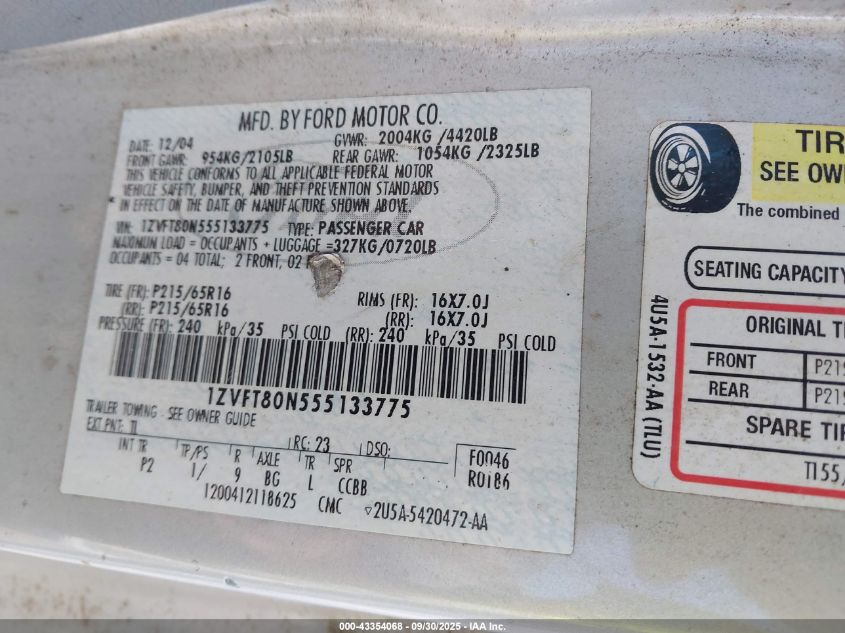 2005 Ford Mustang V6 Deluxe/V6 Premium VIN: 1ZVFT80N555133775 Lot: 43354068