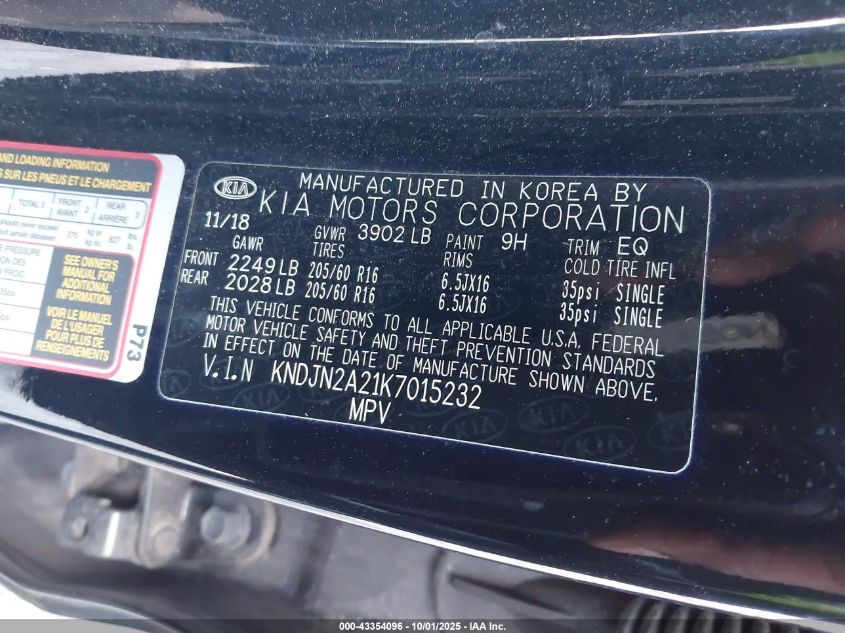 2019 Kia Soul VIN: KNDJN2A21K7015232 Lot: 43354096
