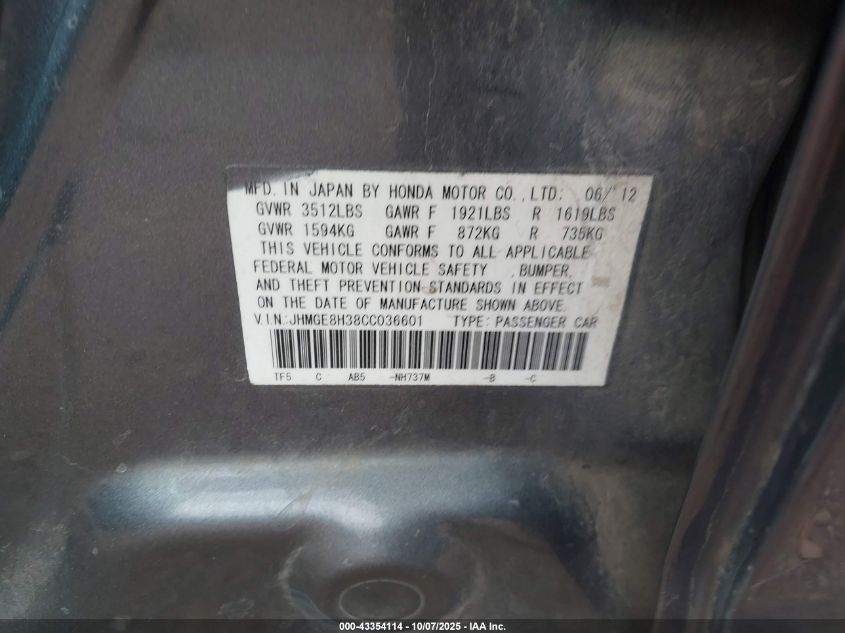 2012 Honda Fit VIN: JHMGE8H38CC036601 Lot: 43354114