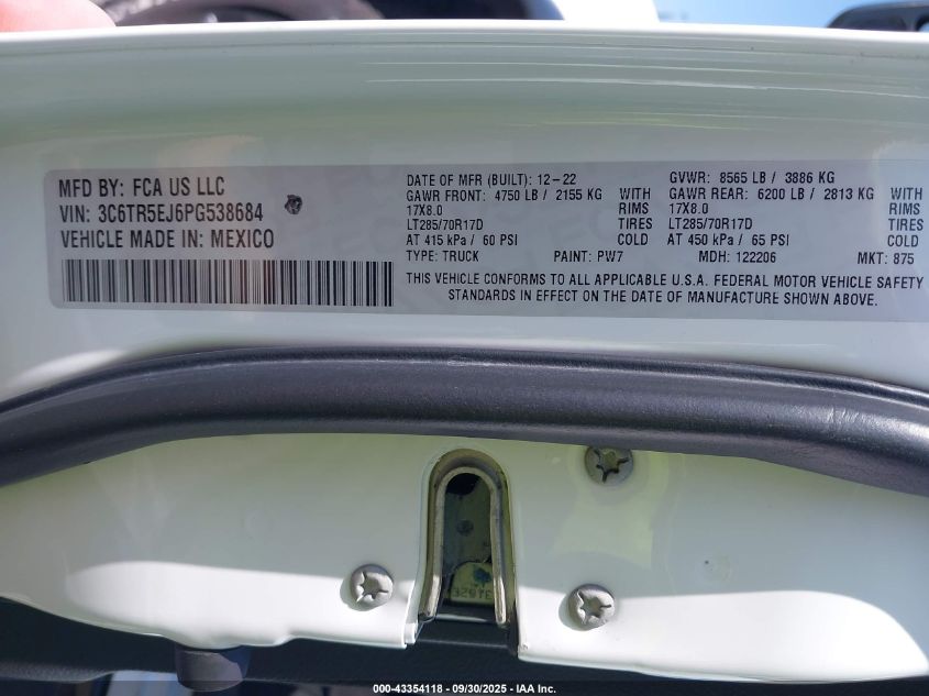 2023 Ram 2500 VIN: 3C6TR5EJ6PG538684 Lot: 43354118
