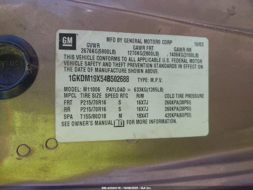 2004 GMC Safari VIN: 1GKDM19X54B502688 Lot: 43354119