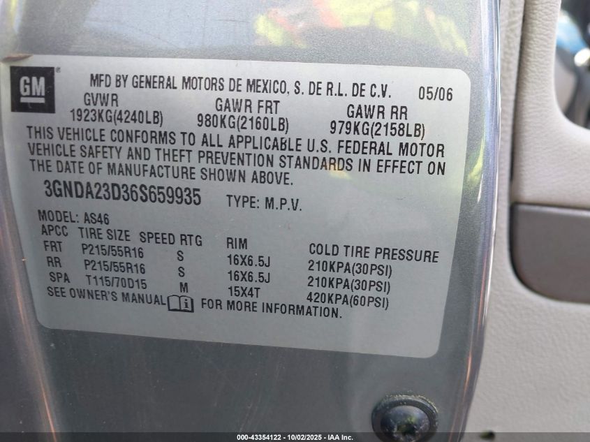 2006 Chevrolet Hhr Lt VIN: 3GNDA23D36S659935 Lot: 43354122