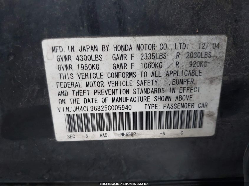 2005 Acura Tsx VIN: JH4CL96825C005940 Lot: 43354146