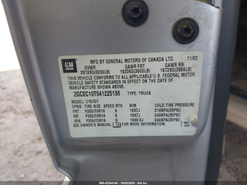 2004 Chevrolet Silverado 1500 Ls VIN: 2GCEC19T541225136 Lot: 43354148