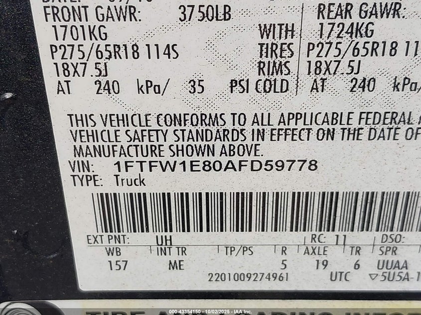 2010 Ford F-150 Xl/Xlt VIN: 1FTFW1E80AFD59778 Lot: 43354150