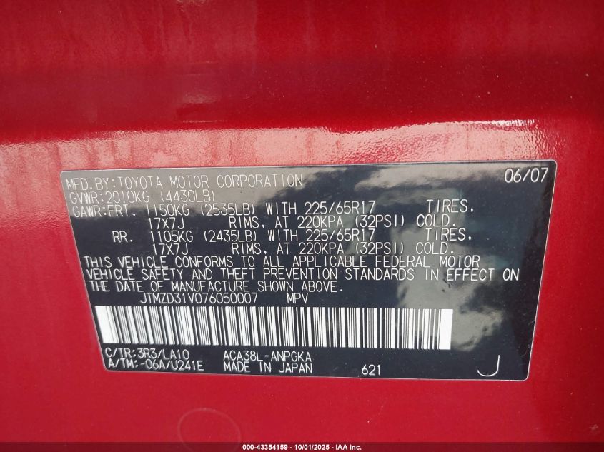 2007 Toyota Rav4 Limited VIN: JTMZD31V076050007 Lot: 43354159