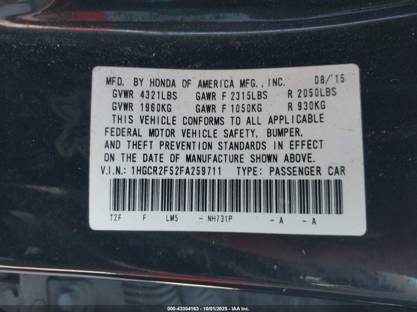2015 Honda Accord Sport VIN: 1HGCR2F52FA259711 Lot: 43354163