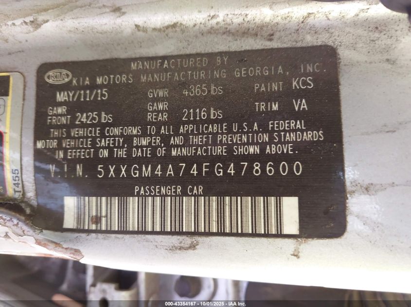 2015 Kia Optima Lx VIN: 5XXGM4A74FG478600 Lot: 43354167