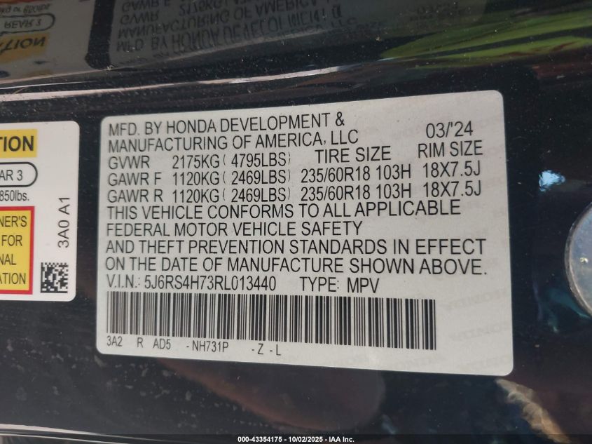 2024 Honda Cr-V Ex-L Awd VIN: 5J6RS4H73RL013440 Lot: 43354175