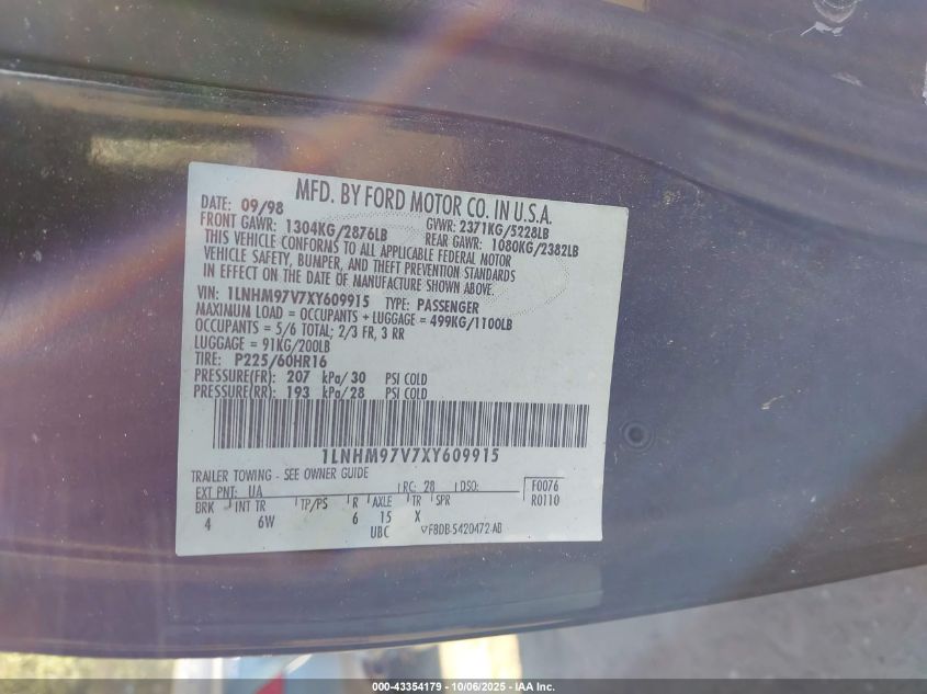 1999 Lincoln Continental VIN: 1LNHM97V7XY609915 Lot: 43354179