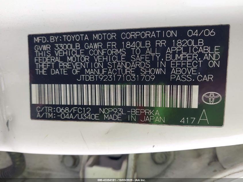 2007 Toyota Yaris VIN: JTDBT923171031709 Lot: 43354181