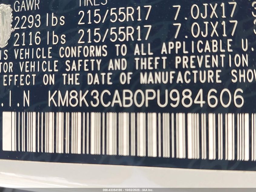 2023 Hyundai Kona Sel VIN: KM8K3CAB0PU984606 Lot: 43354186