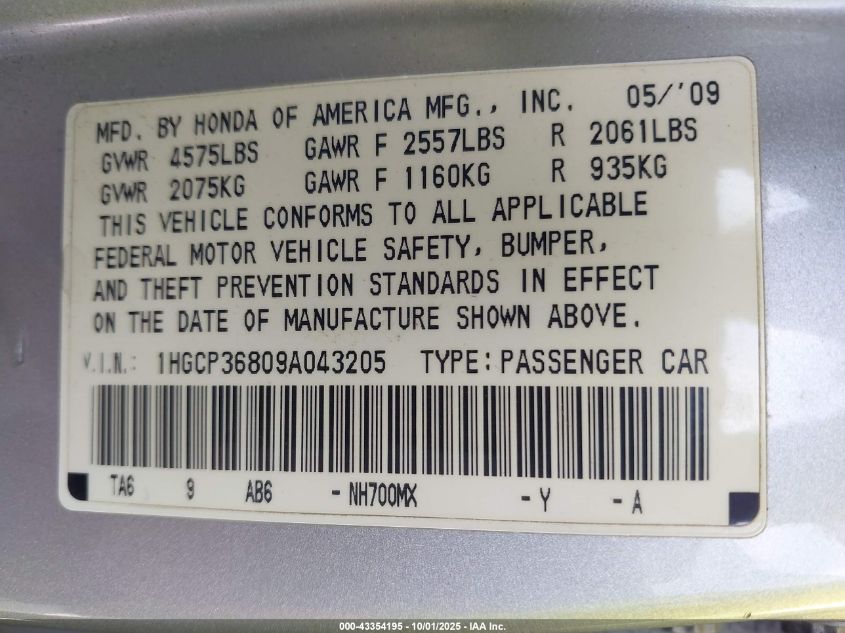 2009 Honda Accord 2.4 Ex-L VIN: 1HGCP26849A183347 Lot: 43354195