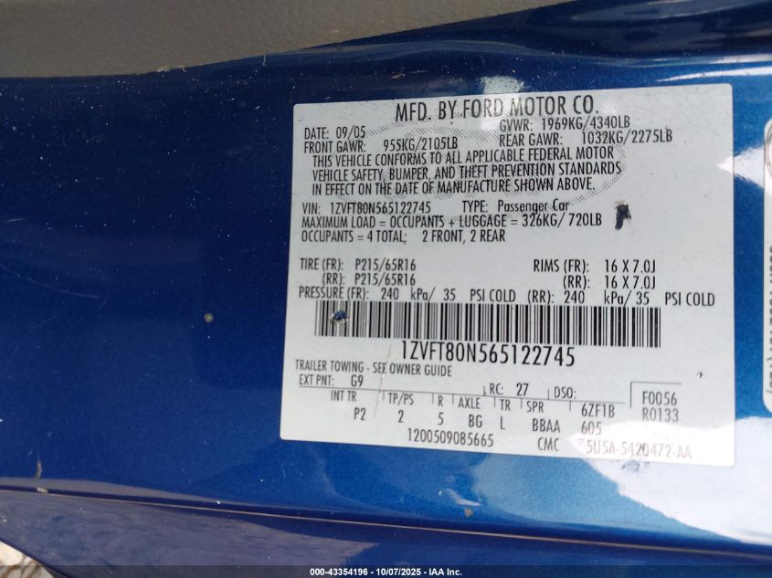 2006 Ford Mustang V6 VIN: 1ZVFT80N565122745 Lot: 43354196