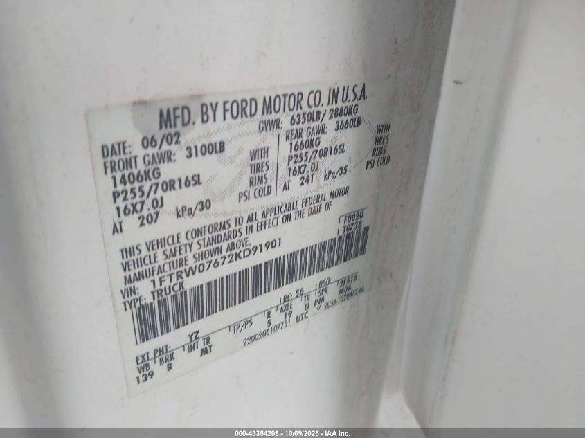 2002 Ford F-150 Lariat/Xlt VIN: 1FTRW07672KD91901 Lot: 43354206