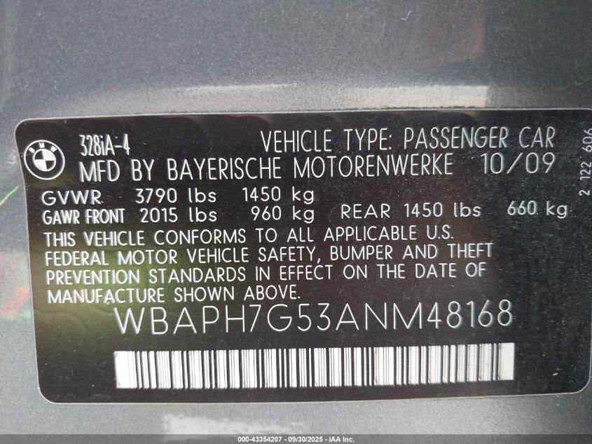 2010 BMW 328I VIN: WBAPH7G53ANM48168 Lot: 43354207