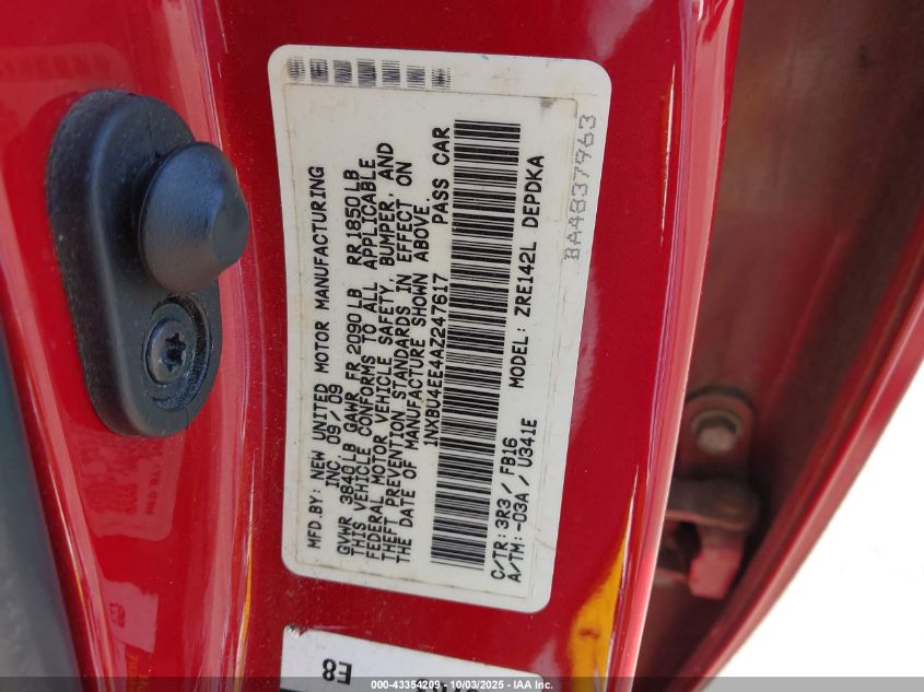 2010 Toyota Corolla VIN: 1NXBU4EE4AZ247617 Lot: 43354209