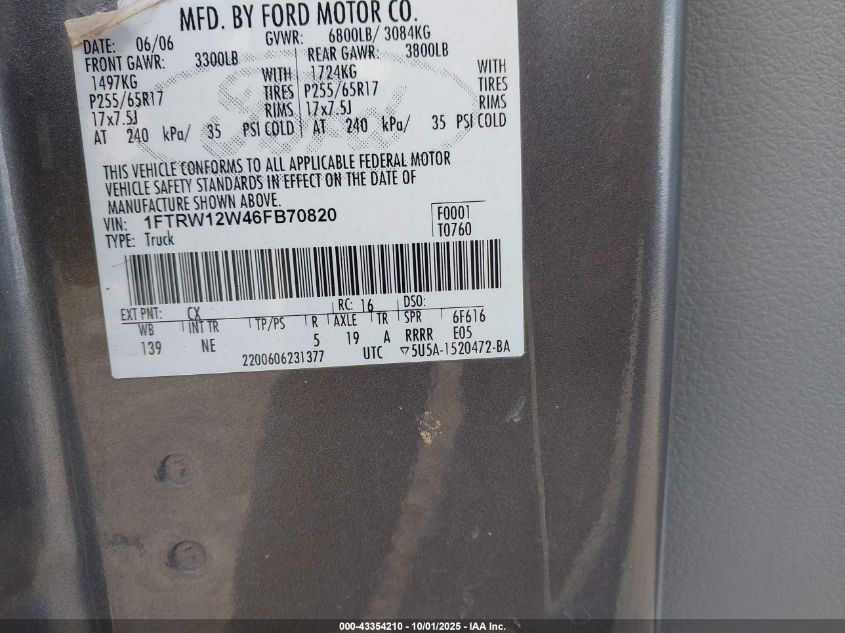 2006 Ford F-150 Xlt VIN: 1FTRW12W46FB70820 Lot: 43354210