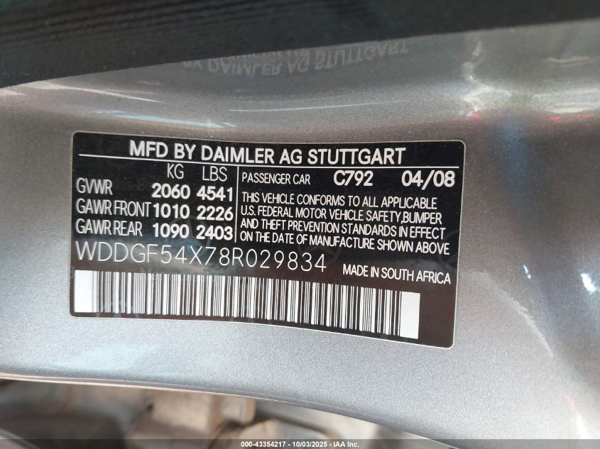 2008 Mercedes-Benz C 300 Luxury/Sport VIN: WDDGF54X78R029834 Lot: 43354217