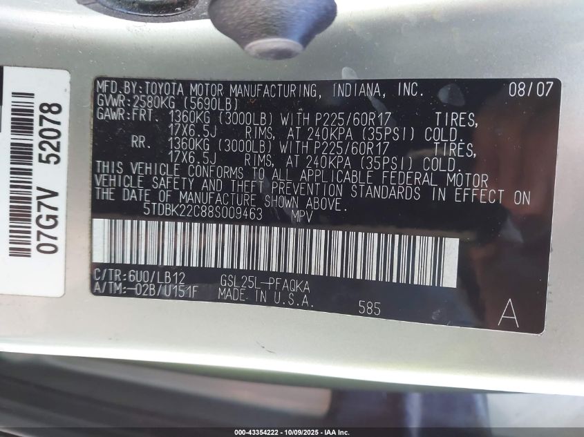 2008 Toyota Sienna Xle VIN: 5TDBK22C88S009463 Lot: 43354222