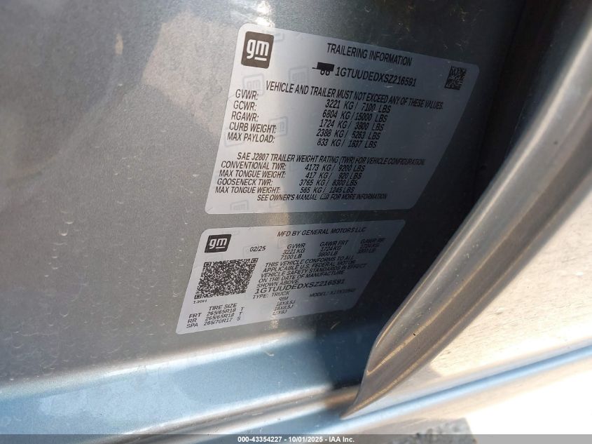 2025 GMC Sierra 1500 4Wd Short Box Slt VIN: 1GTUUDEDXSZ216591 Lot: 43354227