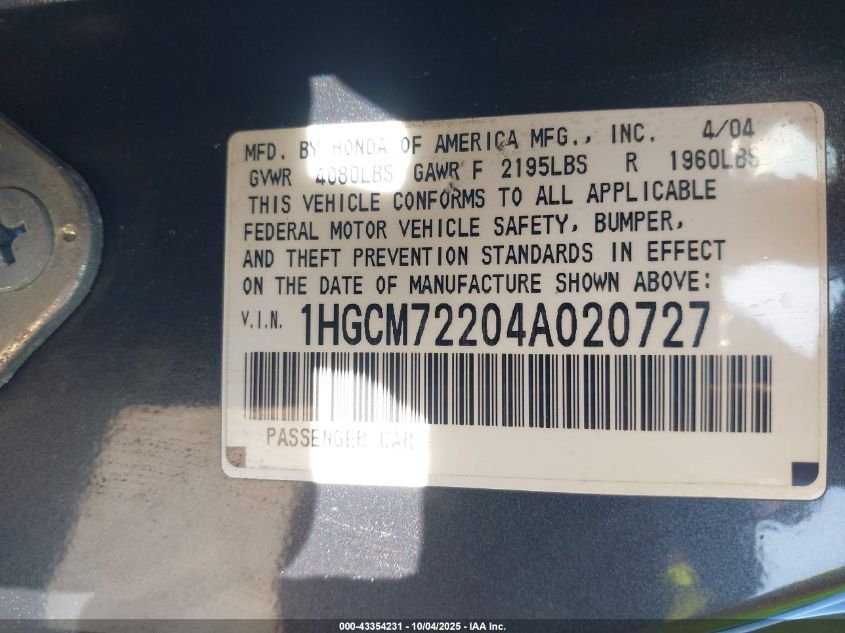2004 Honda Accord 2.4 Lx VIN: 1HGCM72204A020727 Lot: 43354231
