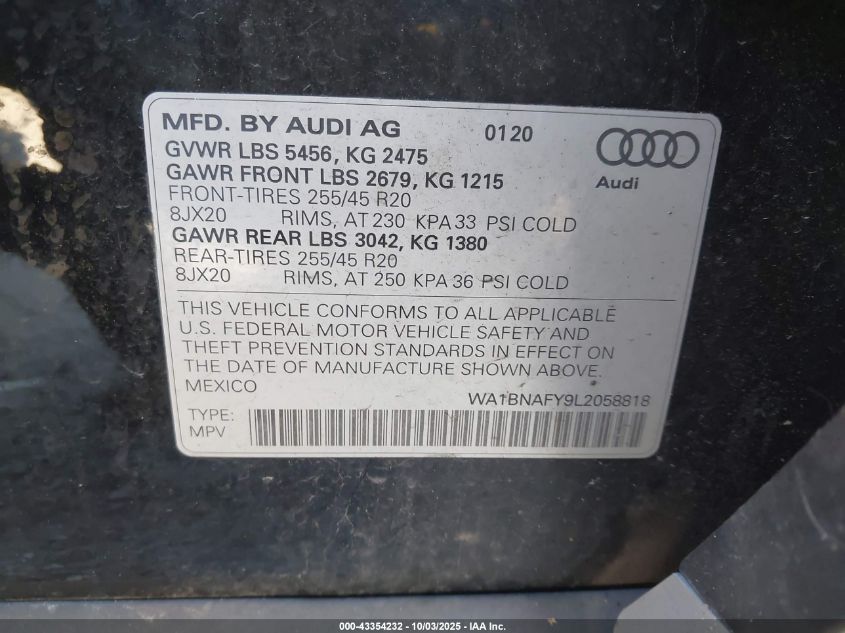 2020 Audi Q5 Premium Plus 45 Tfsi Quattro S Tronic VIN: WA1BNAFY9L2058818 Lot: 43354232