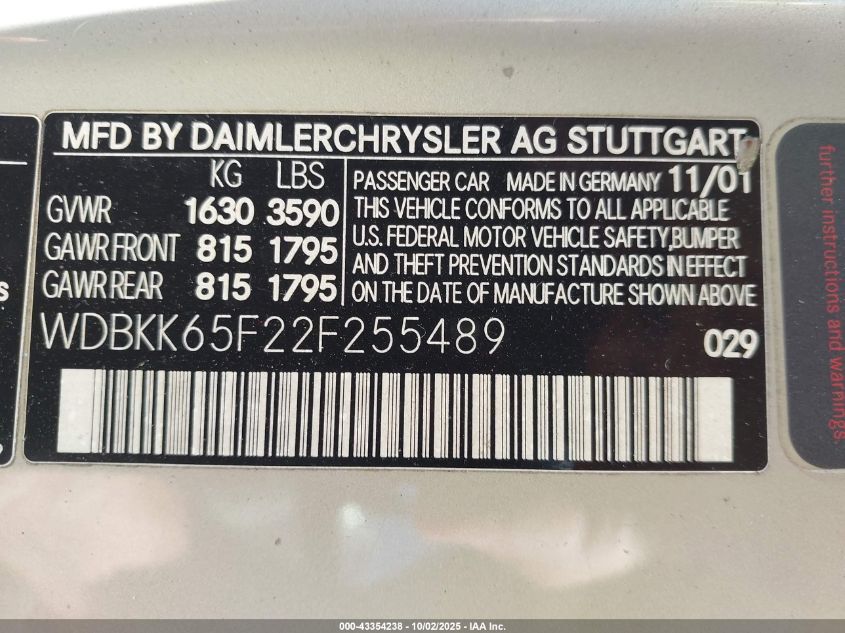 2002 Mercedes-Benz Slk 320 VIN: WDBKK65F22F255489 Lot: 43354238