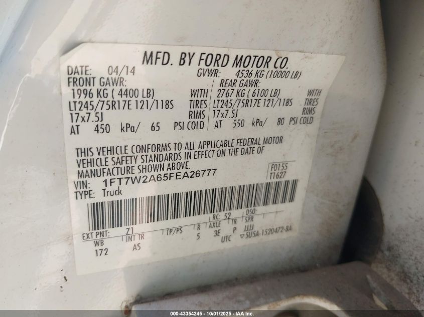2015 Ford F-250 Xl VIN: 1FT7W2A65FEA26777 Lot: 43354245