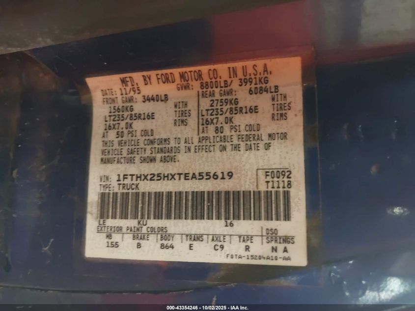 1996 Ford F250 VIN: 1FTHX25HXTEA55619 Lot: 43354246