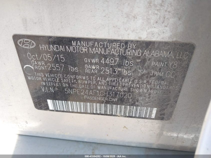 2016 Hyundai Sonata Se VIN: 5NPE24AF1GH317020 Lot: 43354252