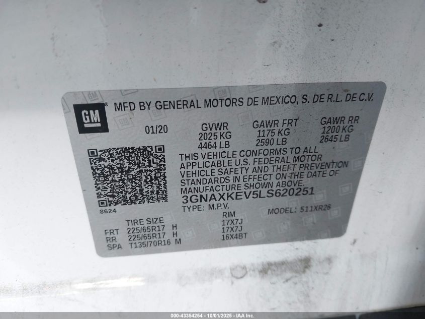 2020 Chevrolet Equinox Fwd Lt 1.5L Turbo VIN: 3GNAXKEV5LS620251 Lot: 43354254