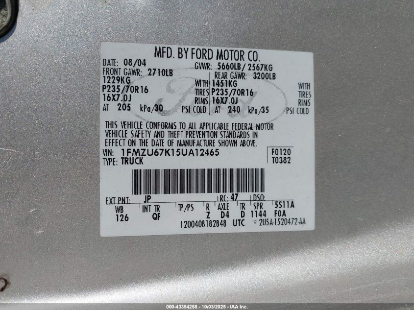 2005 Ford Explorer Sport Trac VIN: 1FMZU67K15UA12465 Lot: 43354258