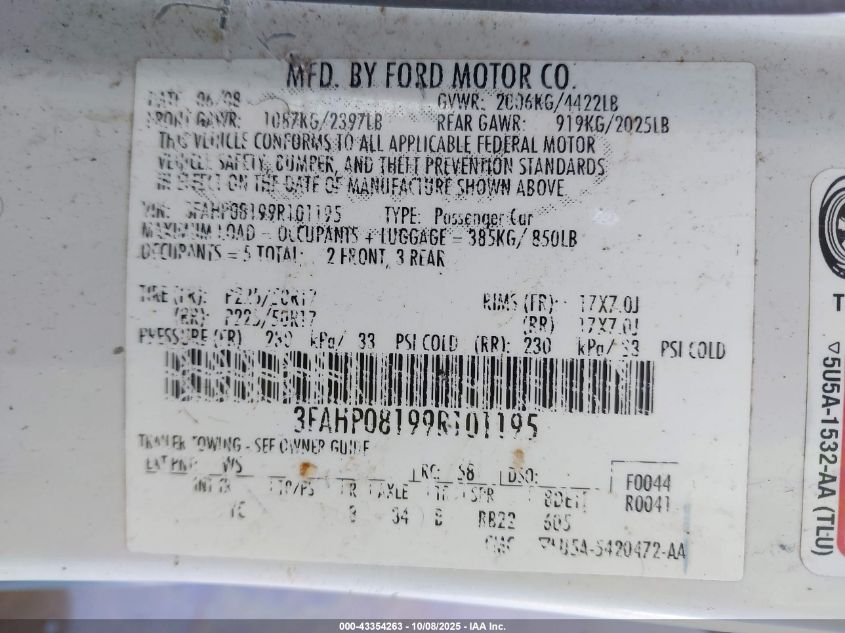 2009 Ford Fusion Sel VIN: 3FAHP08199R101195 Lot: 43354263