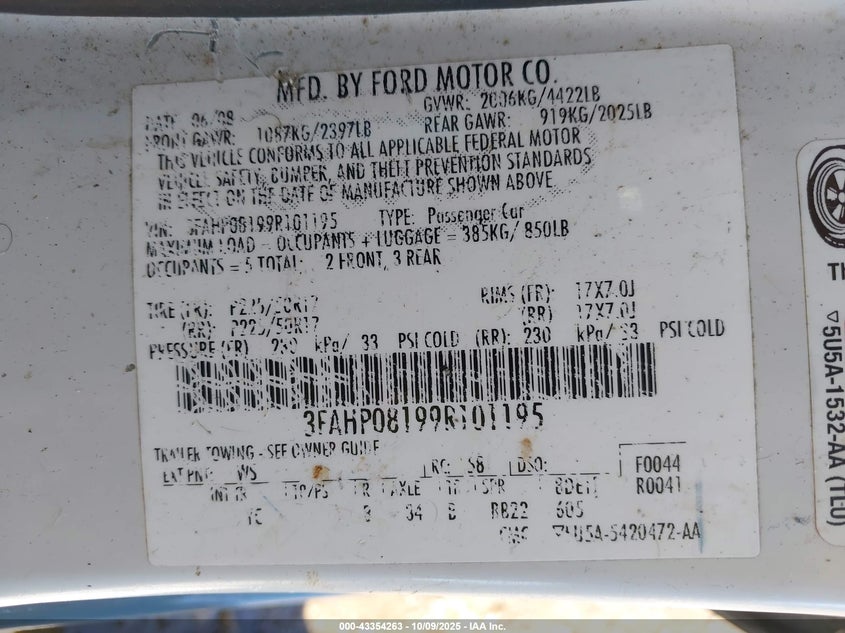 2009 Ford Fusion Sel VIN: 3FAHP08199R101195 Lot: 43354263